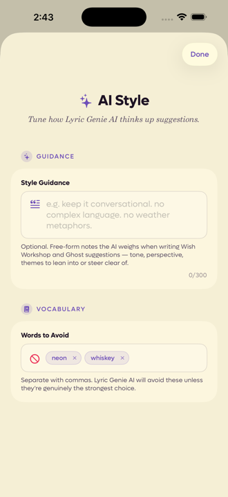 The AI Style sheet with a Style Guidance field and a Words to Avoid list containing neon and whiskey