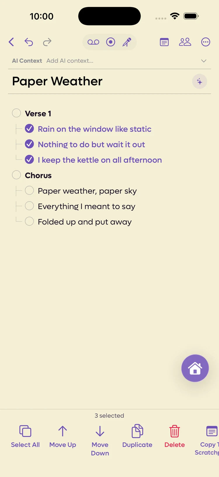 Arrange mode with three consecutive lines of the first verse ticked, selected in one drag down the checkbox column