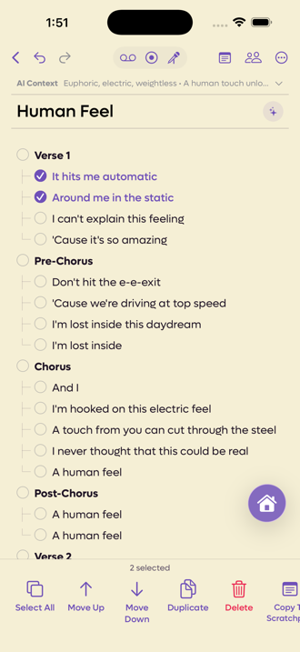 Arrange mode, with checkboxes on every line and two lines of the first verse selected