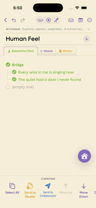 Arrange mode on a shared song, with Send to Master and Send to Collaborator in the action bar