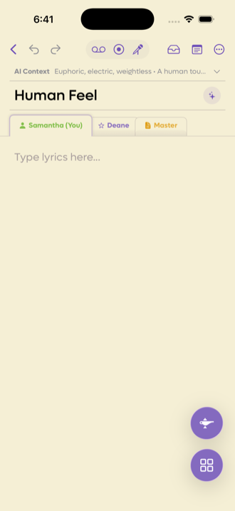 The song editor showing three tabs, Samantha in green, Deane with a star in purple, and Master in yellow