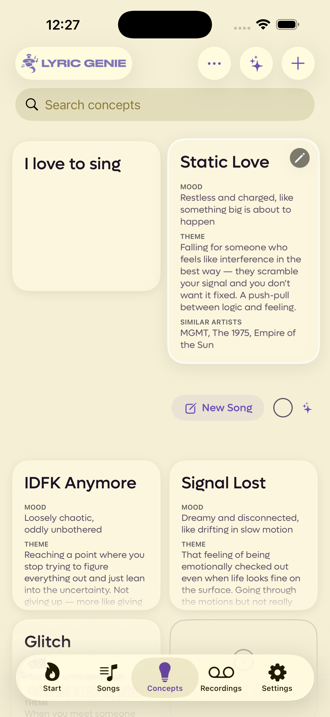 An expanded concept card showing mood, theme and similar artists, with a pencil button and a New Song button below it