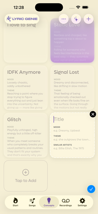 A new blank concept card with Title, Mood, Theme and Similar Artists fields, an X to cancel and a tick to save