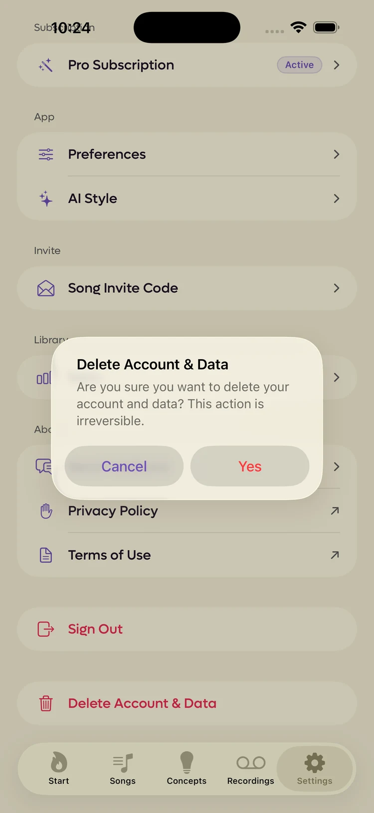 An alert asking whether you are sure you want to delete your account and data, saying the action is irreversible