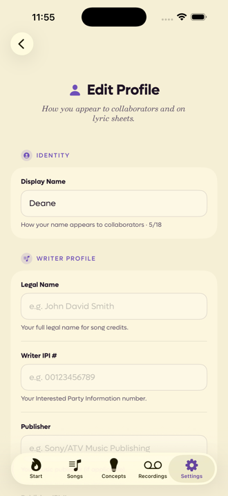 The Edit Profile screen with a Display Name field and the start of the writer profile fields