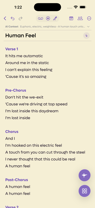 The Lyric Genie song editor, showing the toolbar, the AI Context bar, the song title, the lyric area, and two floating buttons