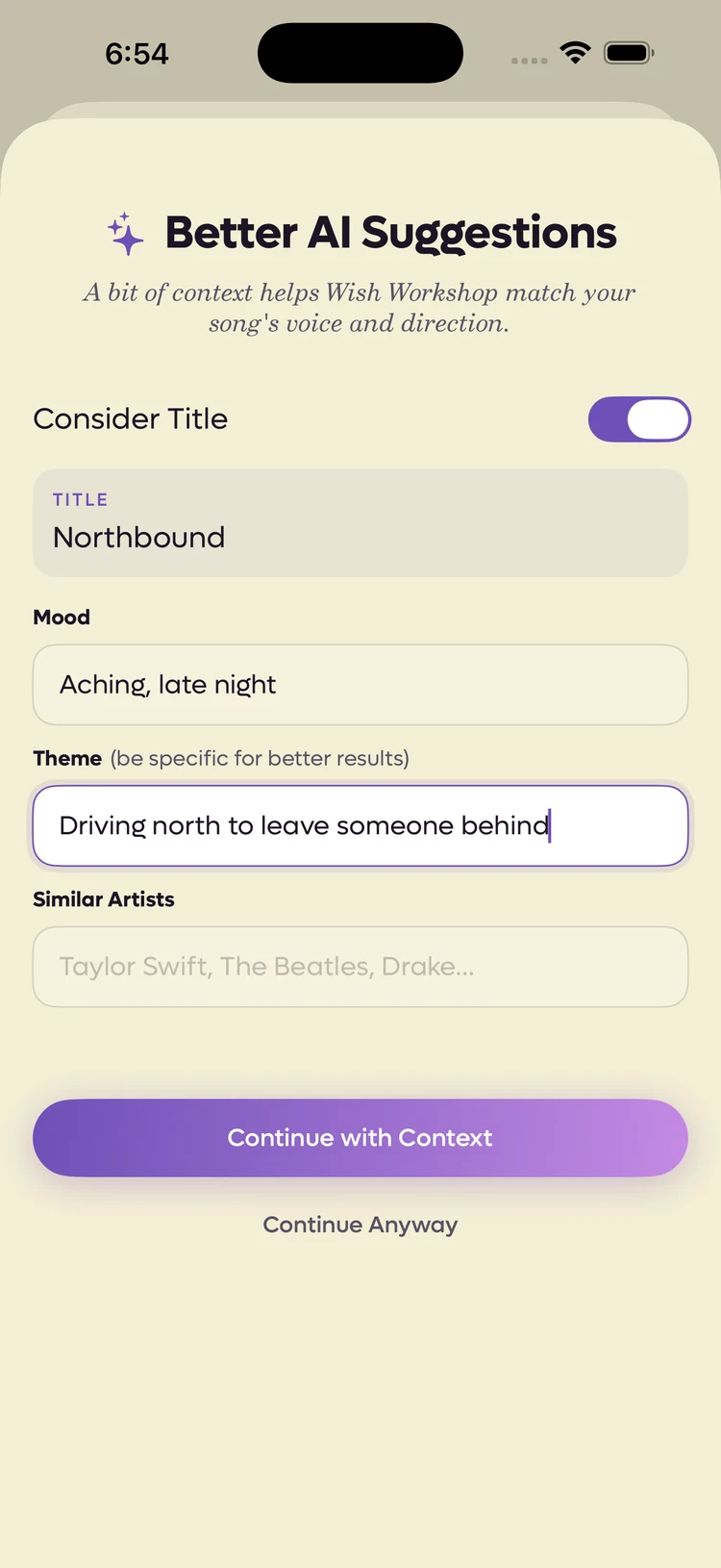 The Better AI Suggestions sheet, with the song title, Mood, Theme and Similar Artists fields and a Continue with Context button