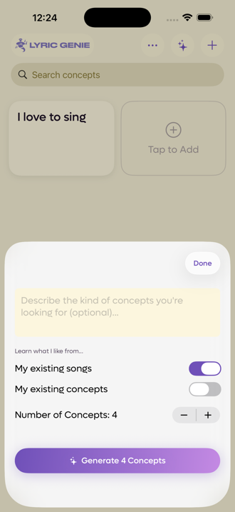 The generate concepts sheet with an optional description field, switches for learning from existing songs and concepts, and a stepper for how many to generate