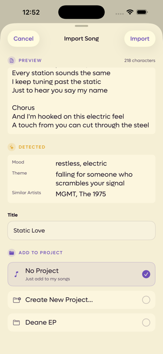 The Import Song sheet, showing a lyrics preview, a Detected panel with mood, theme and similar artists, a Title field and a project picker