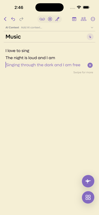 A suggested line in purple below the typed lyric, with a dismiss button and a swipe for more caption