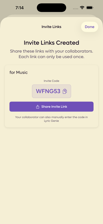 The Invite Links Created screen showing a six character code and a share button