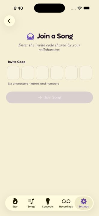 The Join a Song screen with six boxes for the invite code