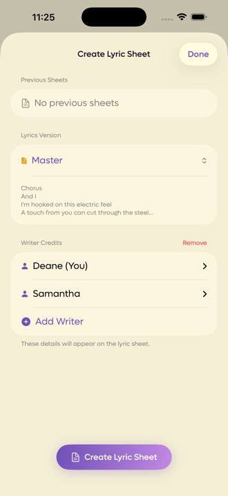 The Create Lyric Sheet screen, showing previous sheets, the lyrics version, writer credits and a create button