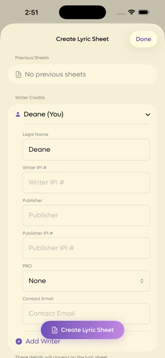 The expanded writer credit fields, including legal name, IPI numbers, publisher and PRO