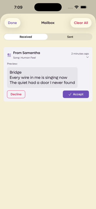The Mailbox showing a received set of lyrics from a co-writer with Decline and Accept