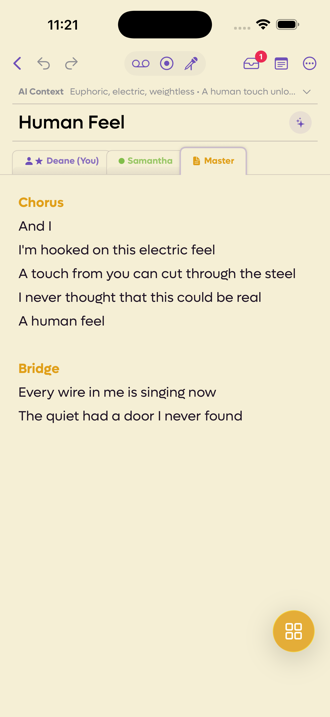 The Master tab showing a chorus above a bridge, both in yellow