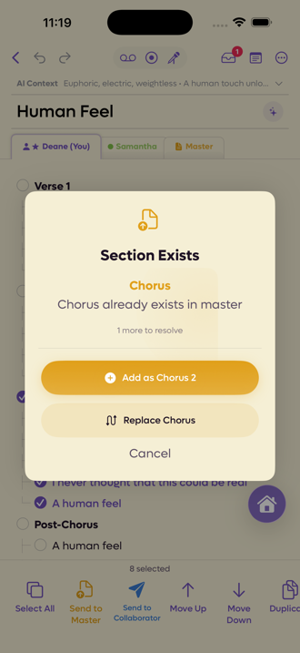 A sheet reading Section Exists, offering Add as Chorus 2 or Replace Chorus
