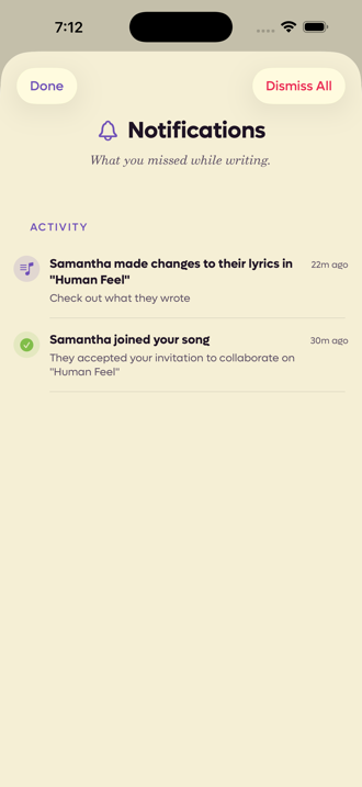 The Notifications screen listing two collaboration events under an Activity heading