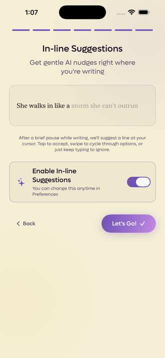 The final onboarding step, explaining in-line suggestions with a toggle beneath