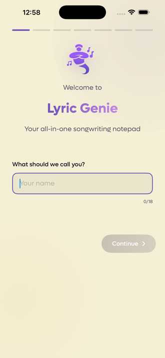 The first onboarding step, welcoming you to Lyric Genie and asking what you should be called