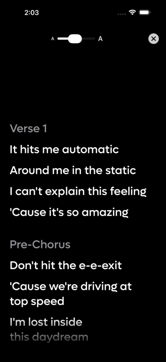 Perform mode showing Human Feel in large white text on black, with a font size slider at the top