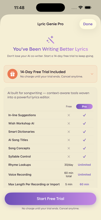 The Pro screen comparing free and Pro across in-line suggestions, Wish Workshop, dictionaries, titles, concepts, syllables, rhymes and recording