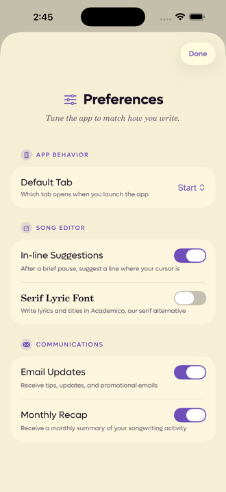 The Preferences sheet with the In-line Suggestions toggle turned on