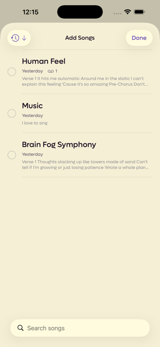 The Add Songs sheet listing every song with a checkbox beside it and a search field at the bottom