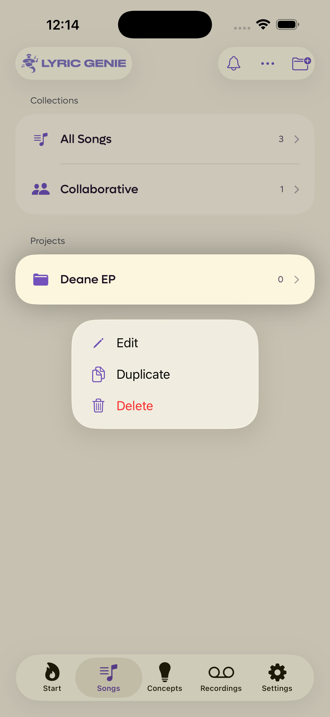 A project row pressed and held, showing Edit, Duplicate and Delete