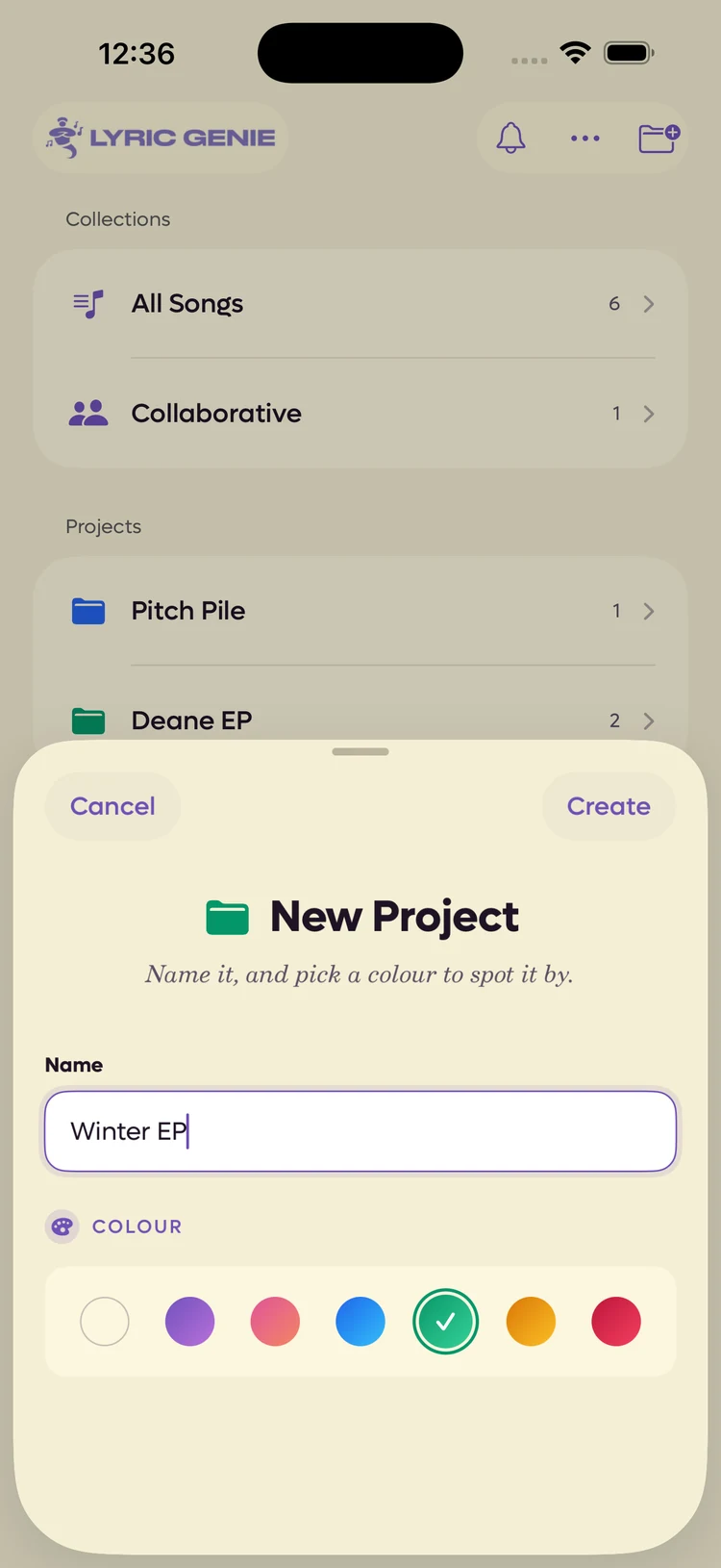 The New Project sheet with a name field and a row of seven colour swatches, the green one selected