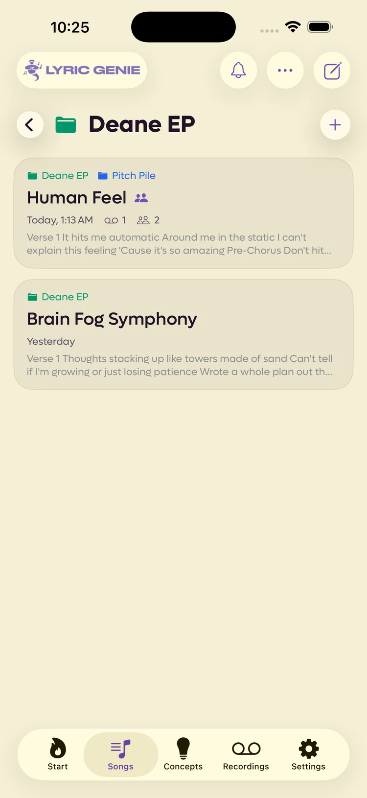 An open project titled Deane EP, a green folder beside the heading and a row of coloured folder names above each song title