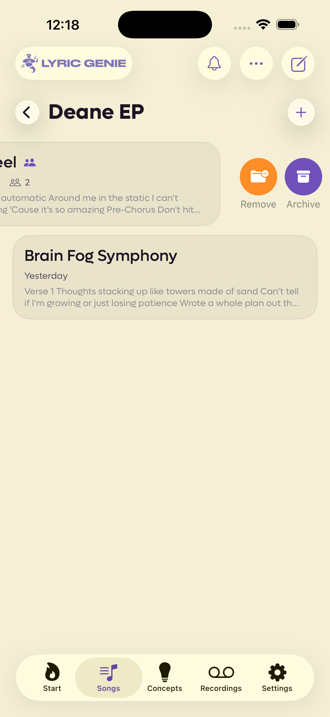 A song row inside a project swiped left, revealing an orange Remove button and a purple Archive button