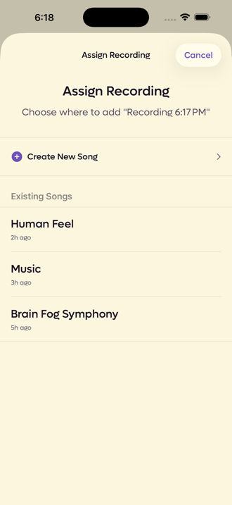 The Assign Recording screen listing songs to attach the recording to