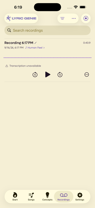 The same recording after assignment, now labelled with the song name and with no Add to Song button