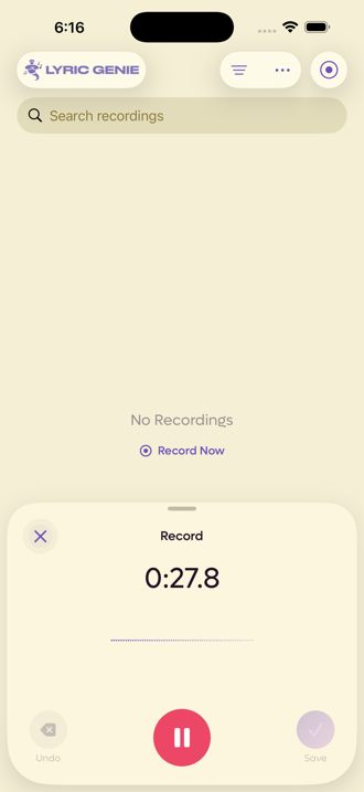 The record sheet mid-take, showing a running timer and a waveform