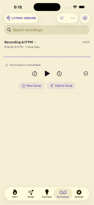 An unattached recording expanded in the Recordings tab, labelled Song Idea, with New Song and Add to Song buttons