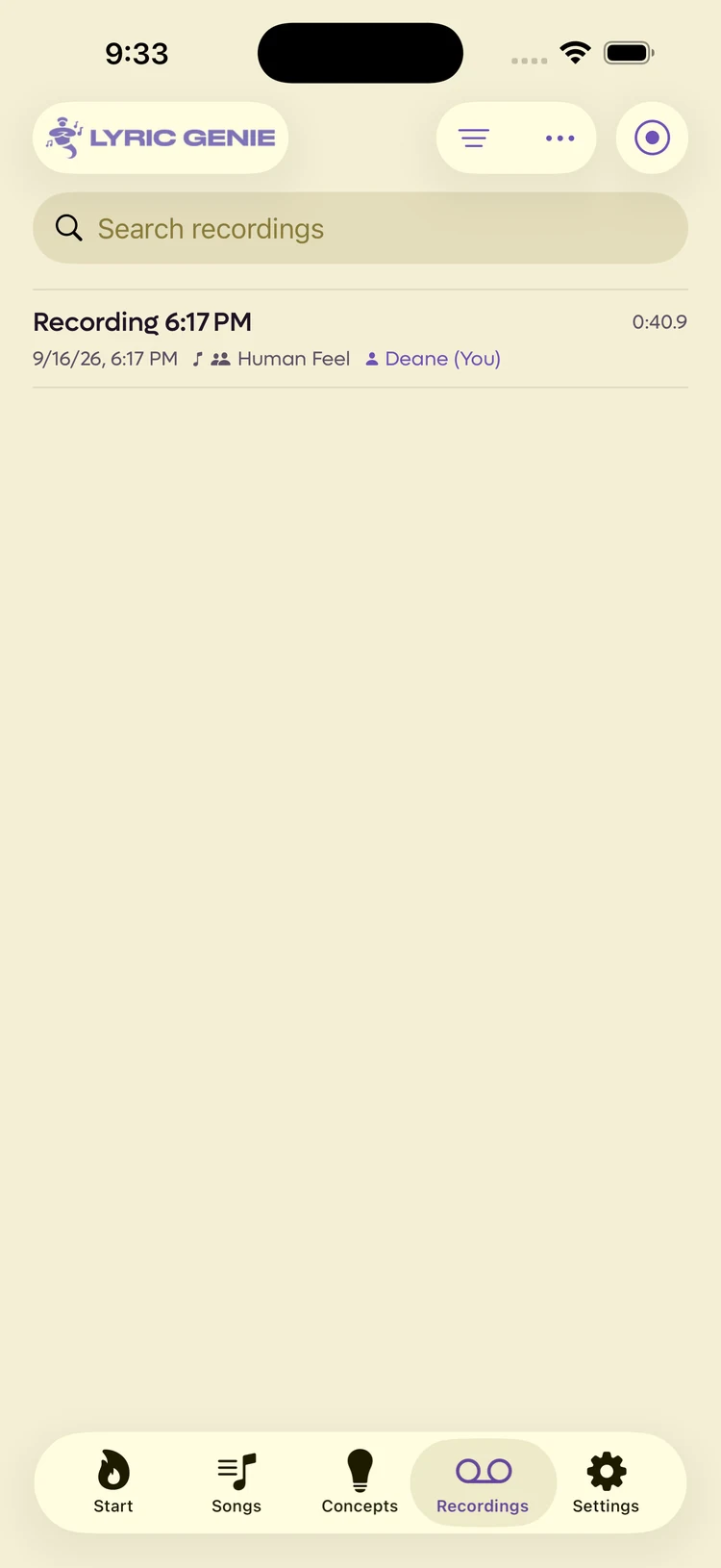 The Recordings tab listing one recording with its date, length, song and writer, above a search field