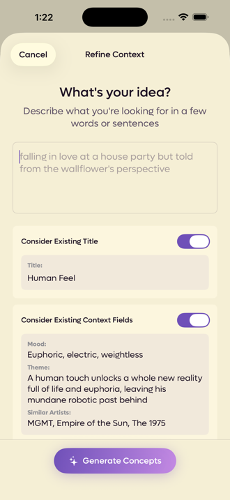 The Refine Context sheet with a description field and two toggles, Consider Existing Title and Consider Existing Context Fields