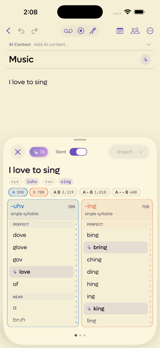 The rhyme sheet for the phrase I love to sing, showing anchor chips and two columns of rhymes