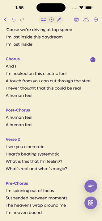 The Chorus section header in purple, with a button at the right of the line