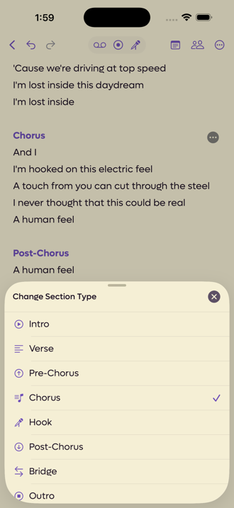 The Change Section Type sheet listing Intro, Verse, Pre-Chorus, Chorus, Hook, Post-Chorus, Bridge and Outro
