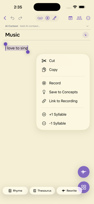 The same menu on a one-line selection, now also offering plus one and minus one syllable