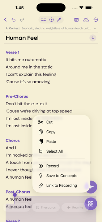 The selection menu showing Cut, Copy, Paste, Select All, Record, Save to Concepts and Link to Recording