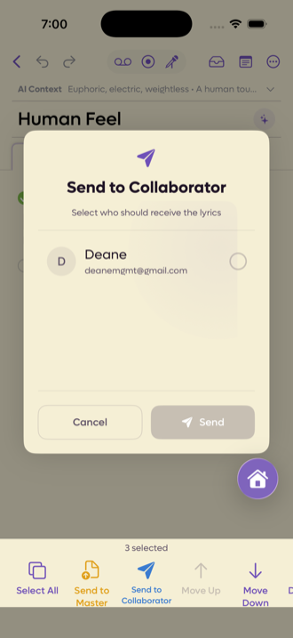 A sheet asking which collaborator should receive the selected lyrics
