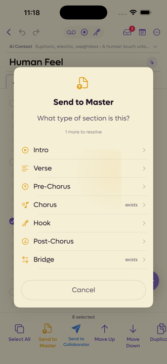 A sheet asking what type of section the selected lines are, listing Intro, Verse, Pre-Chorus, Chorus, Hook, Post-Chorus and Bridge