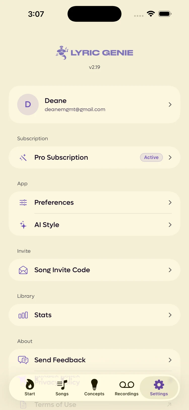 The Settings tab showing the version under the logo, the account card, Pro Subscription, Preferences and AI Style, Song Invite Code, Stats and Send Feedback