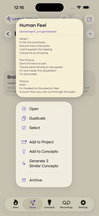 The song context menu showing a preview of Human Feel above Open, Duplicate, Select, Add to Project, Add to Concepts, Generate 3 Similar Concepts and Archive