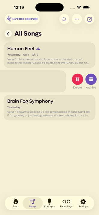 A song row swiped left, revealing a red Delete button and a purple Archive button