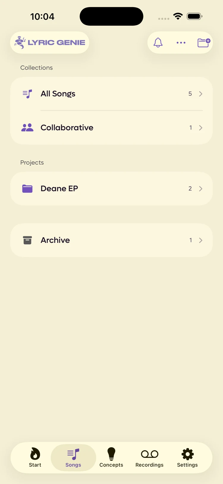 The collections screen with an Archive row below the Projects section