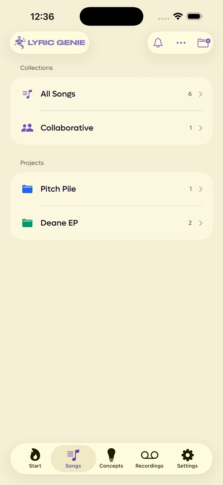 The Collections screen showing All Songs and Collaborative, with a Projects section below